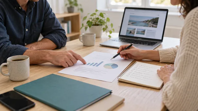 Two people discussing a printed report beside a laptop and notebook.
