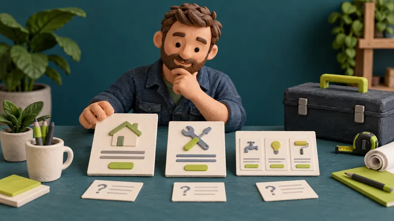 Illustrative trade owner comparing service-page tiles and customer-question notes.