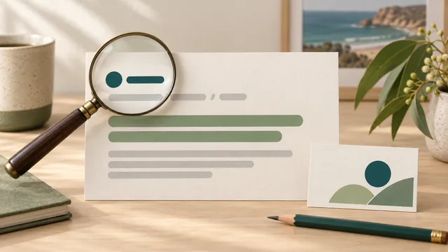 A magnifying glass over the small source-name area of an abstract web-result card beside a blank identity card.
