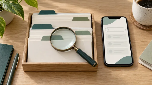 A magnifying glass over organised index cards beside a phone showing an abstract site-search interface.