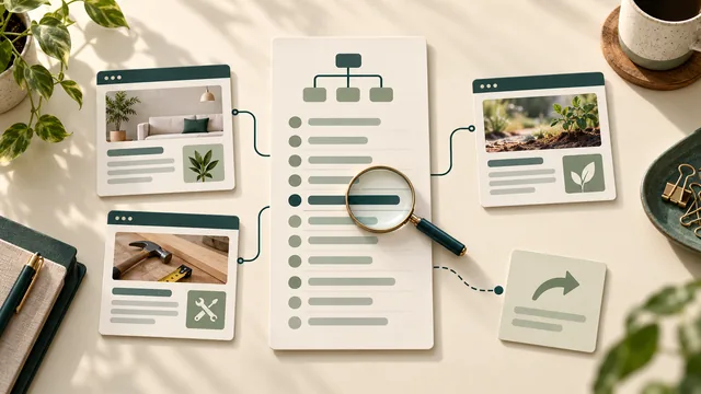 An abstract sitemap list linked to website-page cards, with a magnifying glass examining one entry on a cream desk.