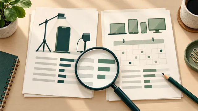Abstract reports showing one controlled phone test beside several devices and a calendar, examined with a magnifying glass.