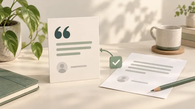 Abstract testimonial card and matching source sheet joined by a sage approval symbol on a cream desk; no real customer quote or rating.