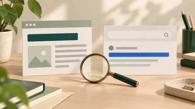 An abstract website page and search-result panel with different heading bars, compared using a magnifying glass on a cream desk.