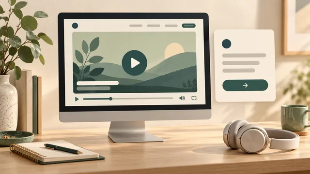 An abstract website video with a play icon, caption bars and controls beside a separate next-step panel, with headphones on a cream desk.