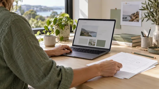 A person working on a laptop beside paper website layouts in a bright workspace.