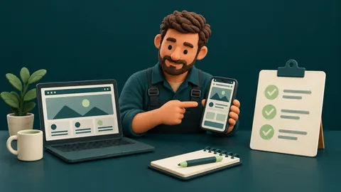 Clay illustration of a business owner checking a website on a phone and laptop.
