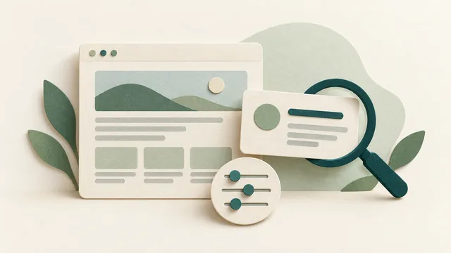 Conceptual website page with visible main content and a separate message card beside a magnifying glass and a small controls token; no actual pop-up or performance claim.