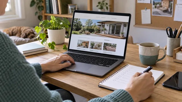 Business owner reviewing a website on a laptop and taking notes.