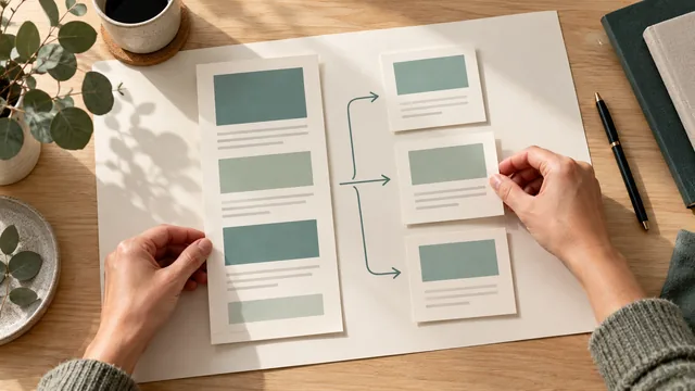 Hands comparing one continuous paper website outline with three connected page cards on a timber desk.