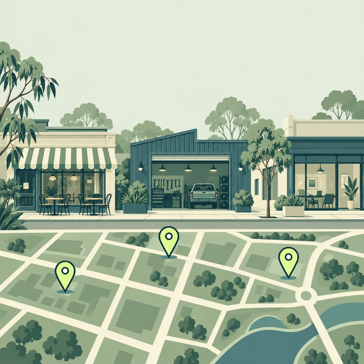 AWE illustration of Australian shops and service businesses connected to their local customers