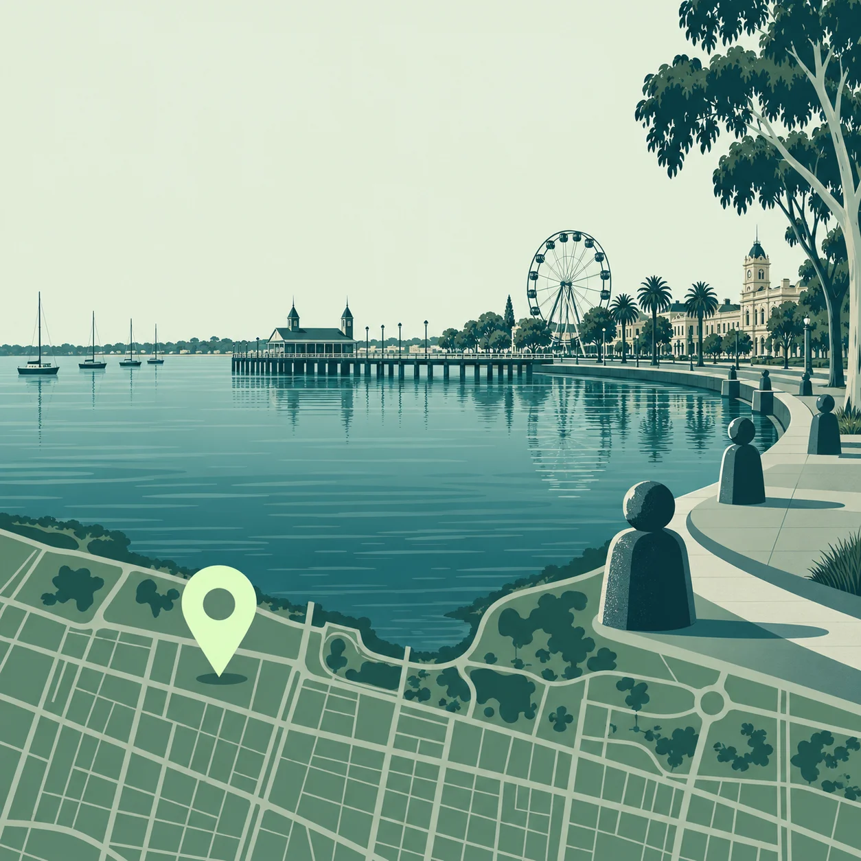Conceptual illustration of the Geelong waterfront and a local business location pin