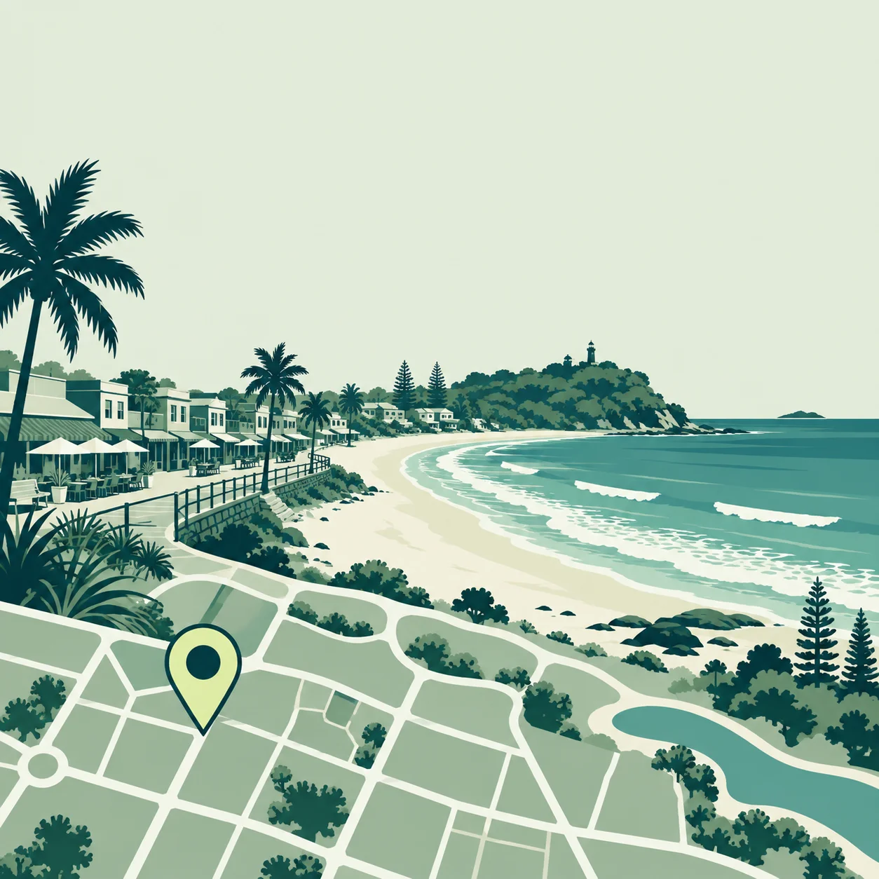 Conceptual Sunshine Coast illustration with a beach, local shops and a location pin