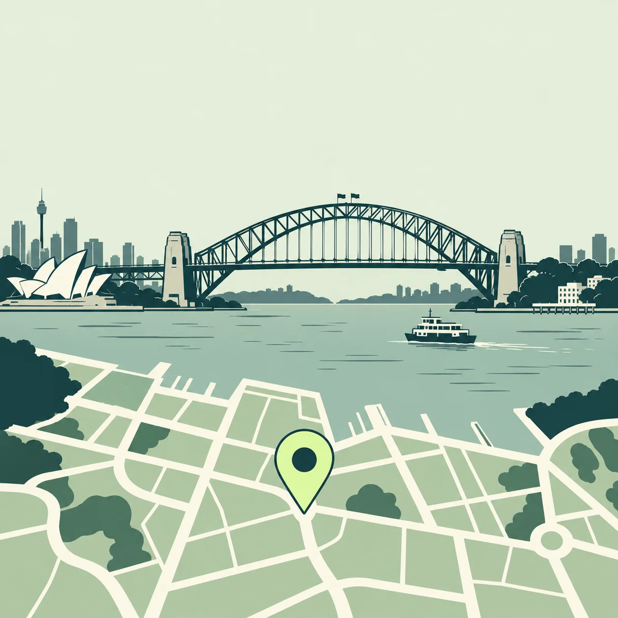 Illustration of Sydney Harbour with a location pin representing a local business